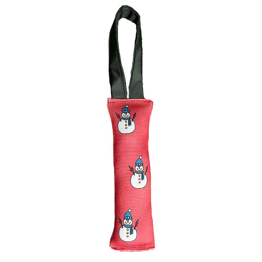 Fire Hose Snowman Dog Toy Tug by American Dog in genuine fire hose fabric with a snowman winter print