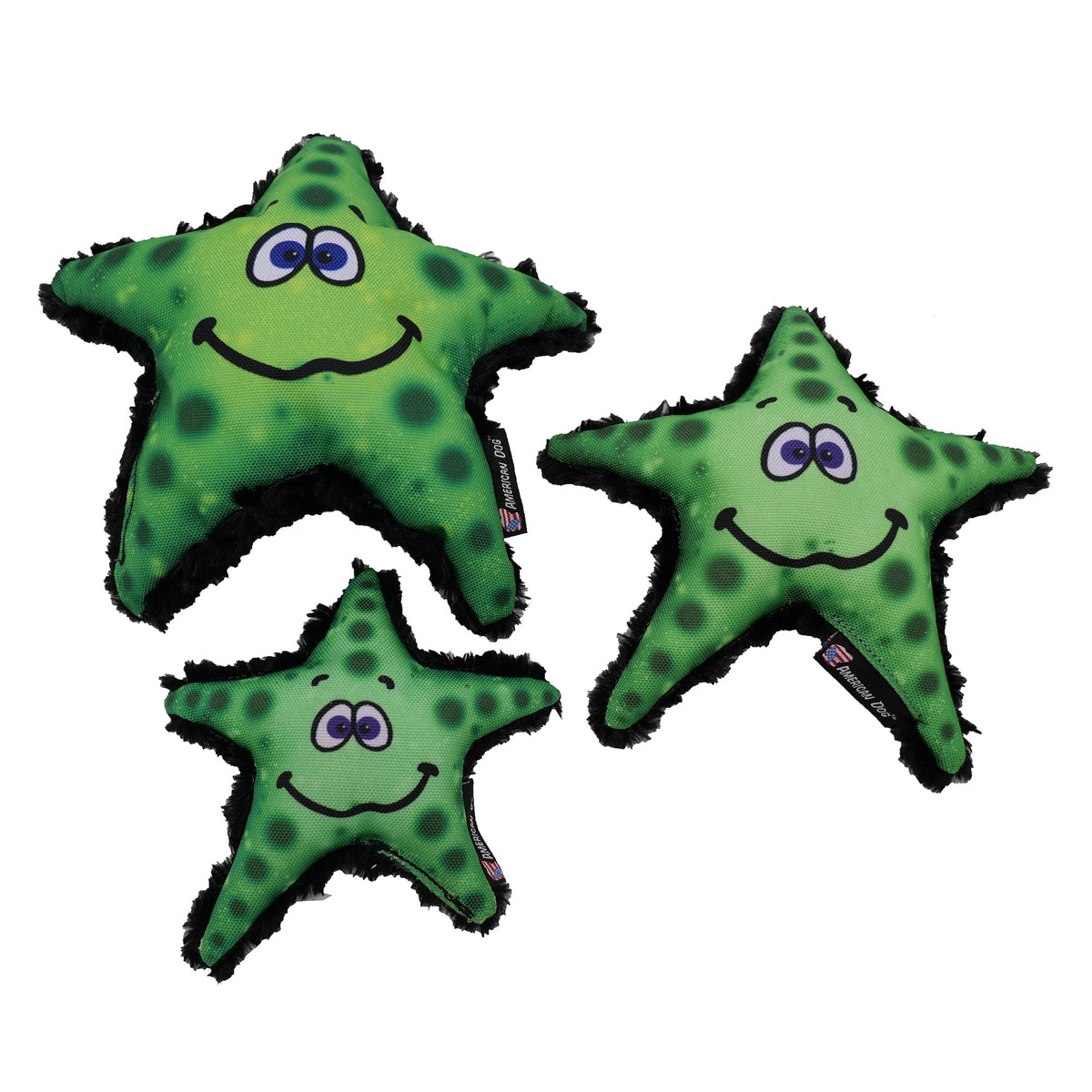 Stanley Starfish dog toy by American Dog, bright blue nylon with white minky fleece back