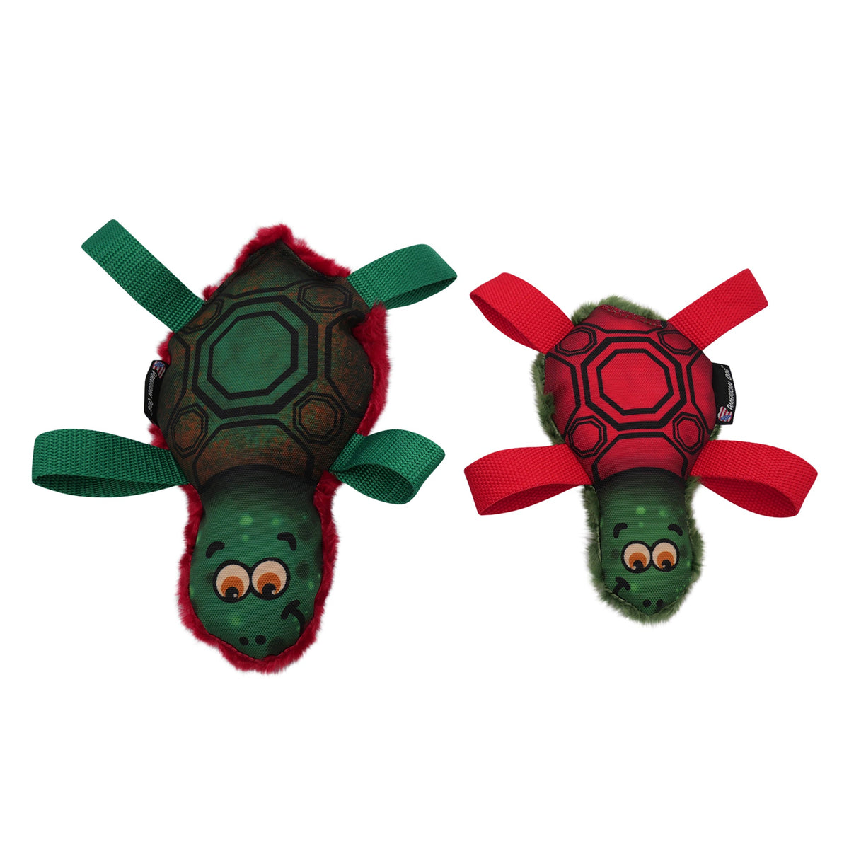 Tommy Turtle dog toy by American Dog in green and red with a soft minky fleece back