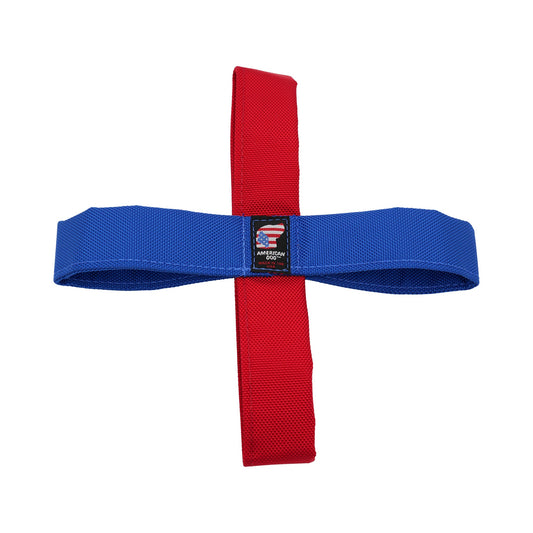 Tug N' Toss dog toy by American Dog, royal blue and red ballistic square