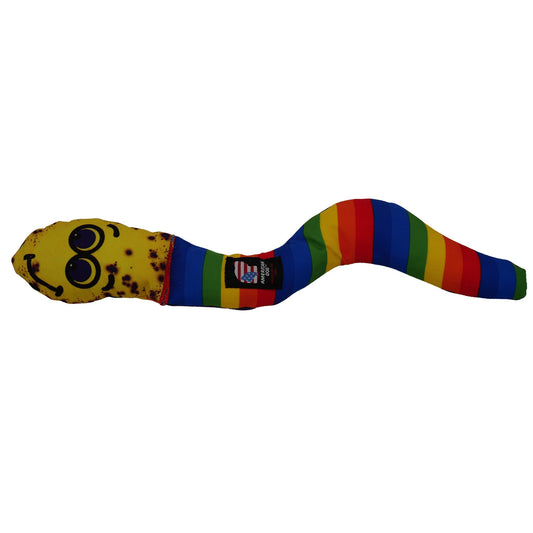 Rainbow Wiggle Worm dog toy by American Dog in rainbow striped nylon with a cartoon face