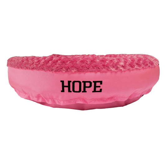 Furvana Hope round bolstered dog bed by American Dog in textured minky rose fleece with a ballistic nylon base