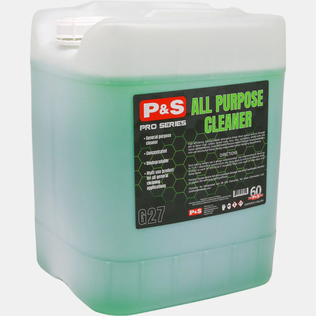 P&S All Purpose Cleaner 5 gallon white jug of green liquid with the black and red Pro Series G27 label