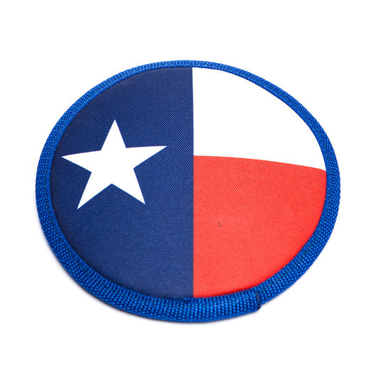 Texas Flyer dog toy by American Dog, red white and blue Texas flag nylon disc