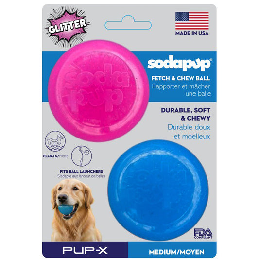 Pink and blue glitter rubber fetch balls, 2-pack, SodaPup, sold through Sniff and Shift