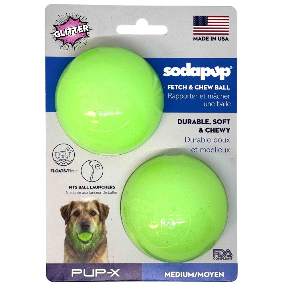 Two green glitter rubber fetch balls with hollow centers, SodaPup, sold through Sniff and Shift