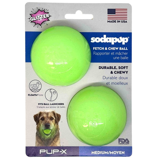 Two green glitter rubber fetch balls with hollow centers, SodaPup, sold through Sniff and Shift