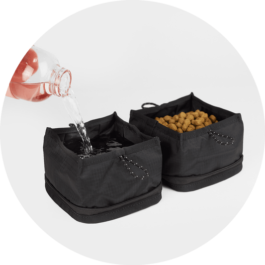 Bernal Pop-Up Dog Bowl set folded flat and open, in Sky Blue and Black, Wildebeest, sold through Sniff and Shift