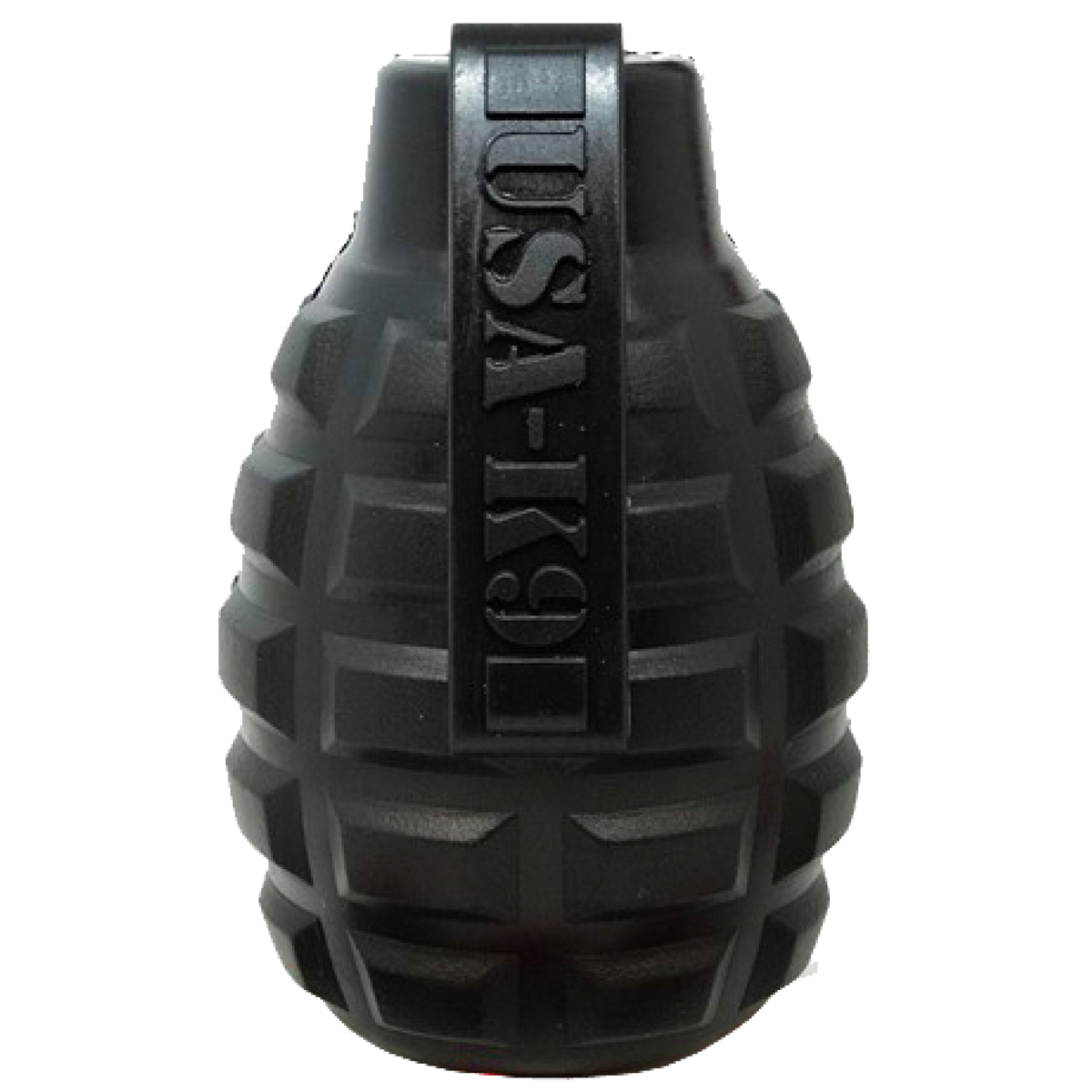 USA-K9 Grenade eDispenser in Magnum Black rubber with hollow treat cavity, SodaPup, sold through Sniff and Shift