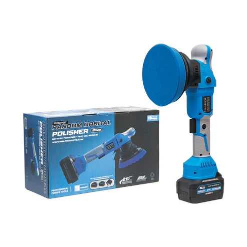 RBL 21mm cordless random orbital polisher in blue and black with a blue backing pad, battery and carton