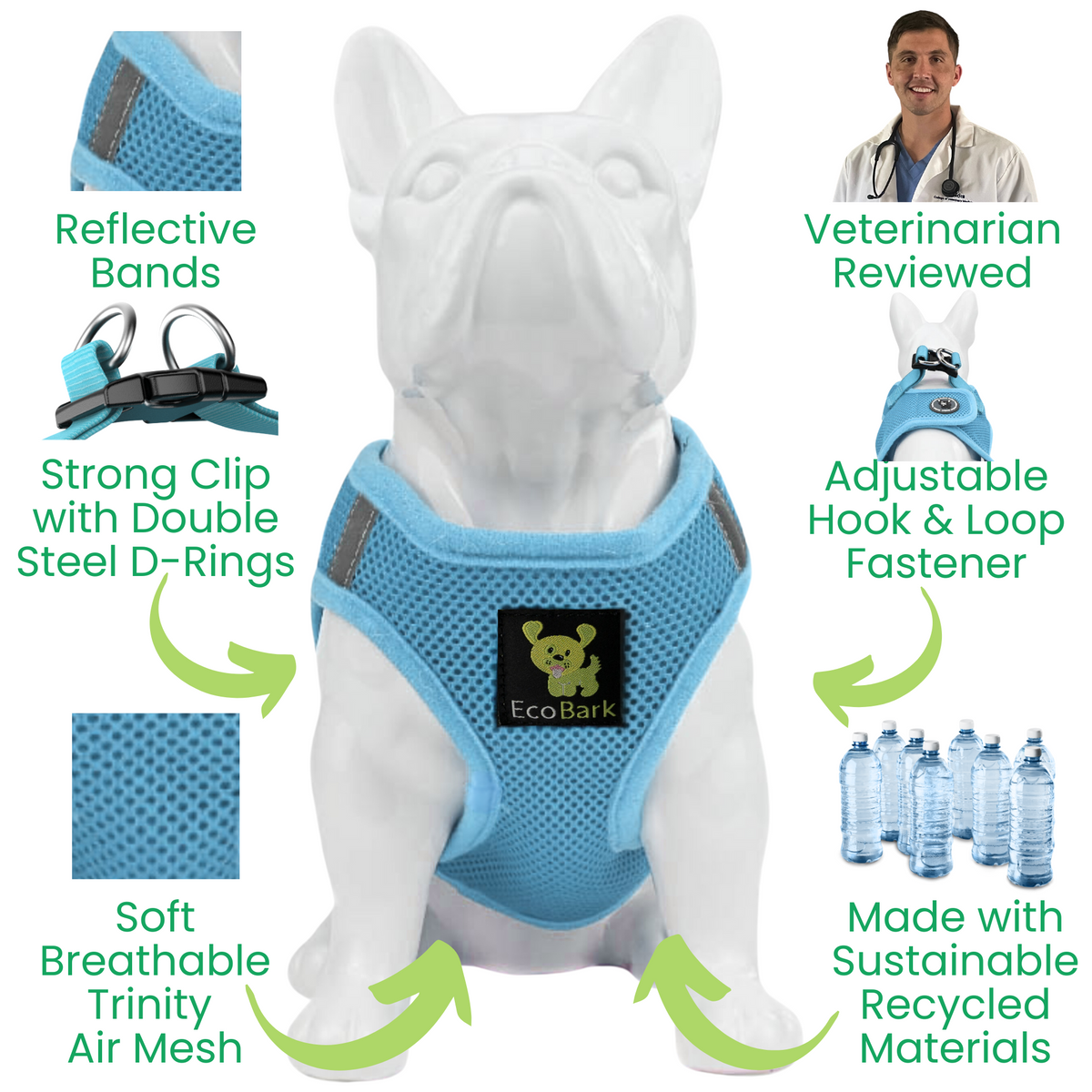 Sky Blue Step-In Dog Harness, Reflective Mesh, Teacup to XL