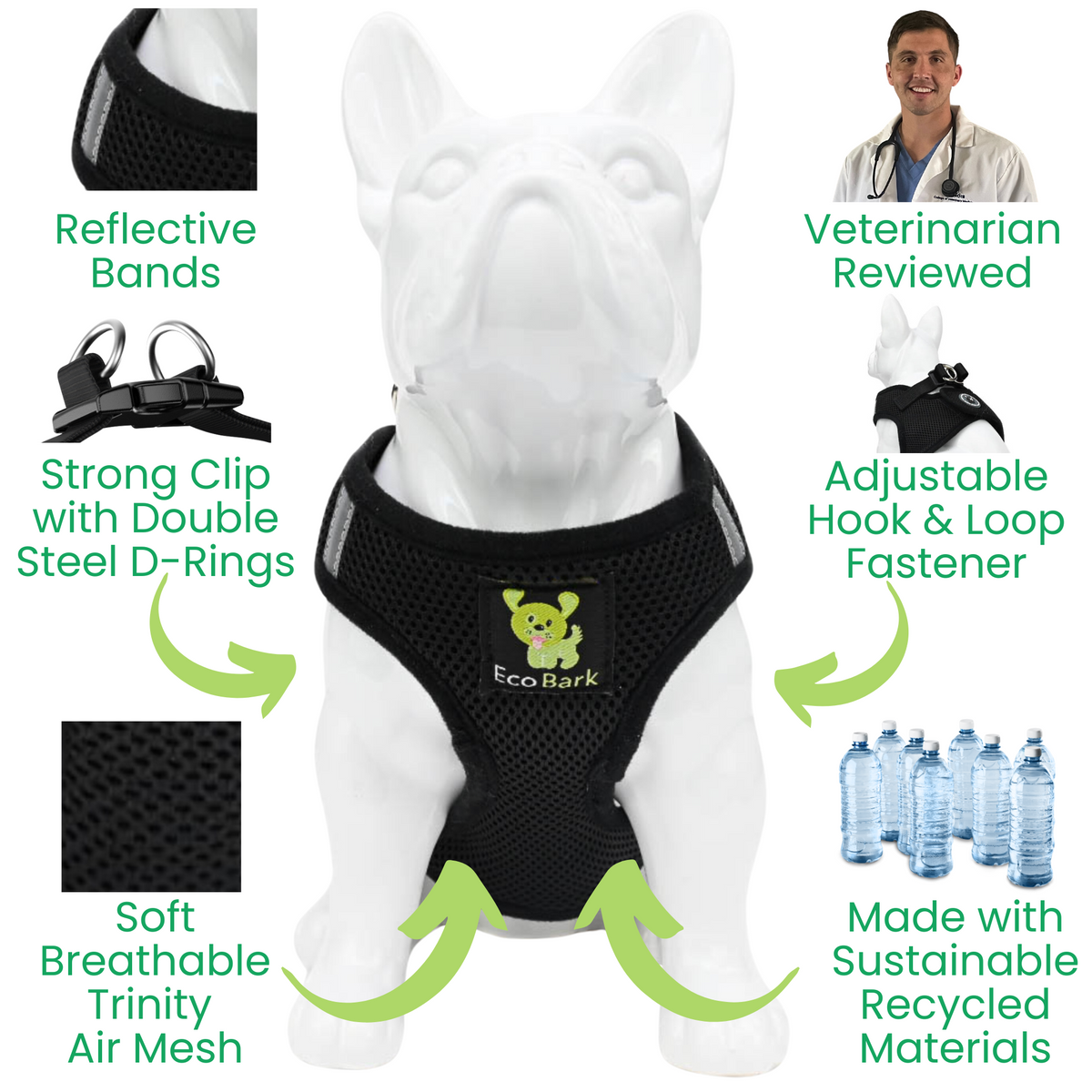 Black Step-In Dog Harness, Reflective Mesh, Teacup to XL