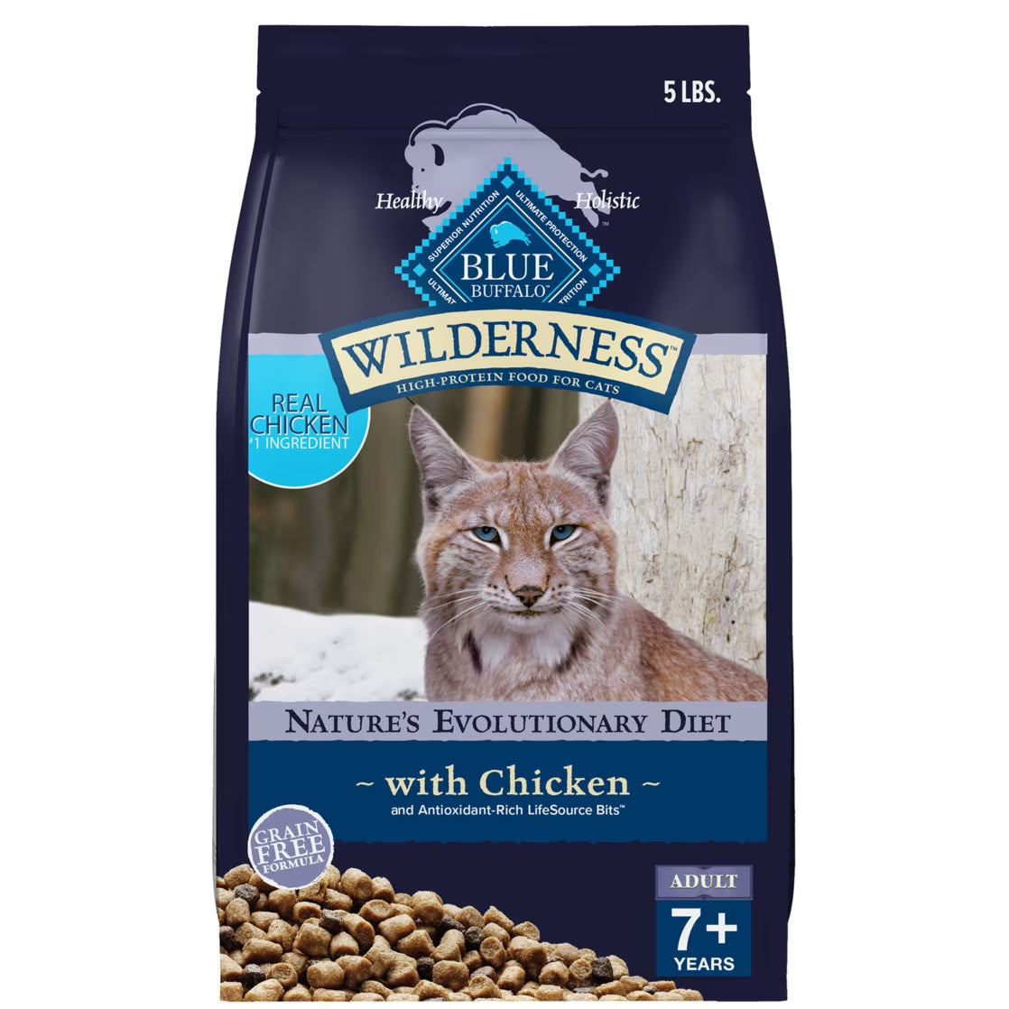 Blue Wilderness Adult Cat 7+ Chicken grain-free dry cat food bag, 5lb
