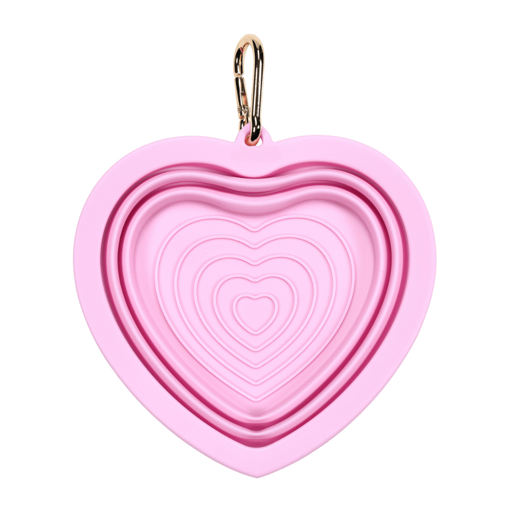 Bubblegum Heart Collapsible Bowl, folding silicone travel bowl with gold clip, Pink Papyrus Co., sold through Sniff and Shift