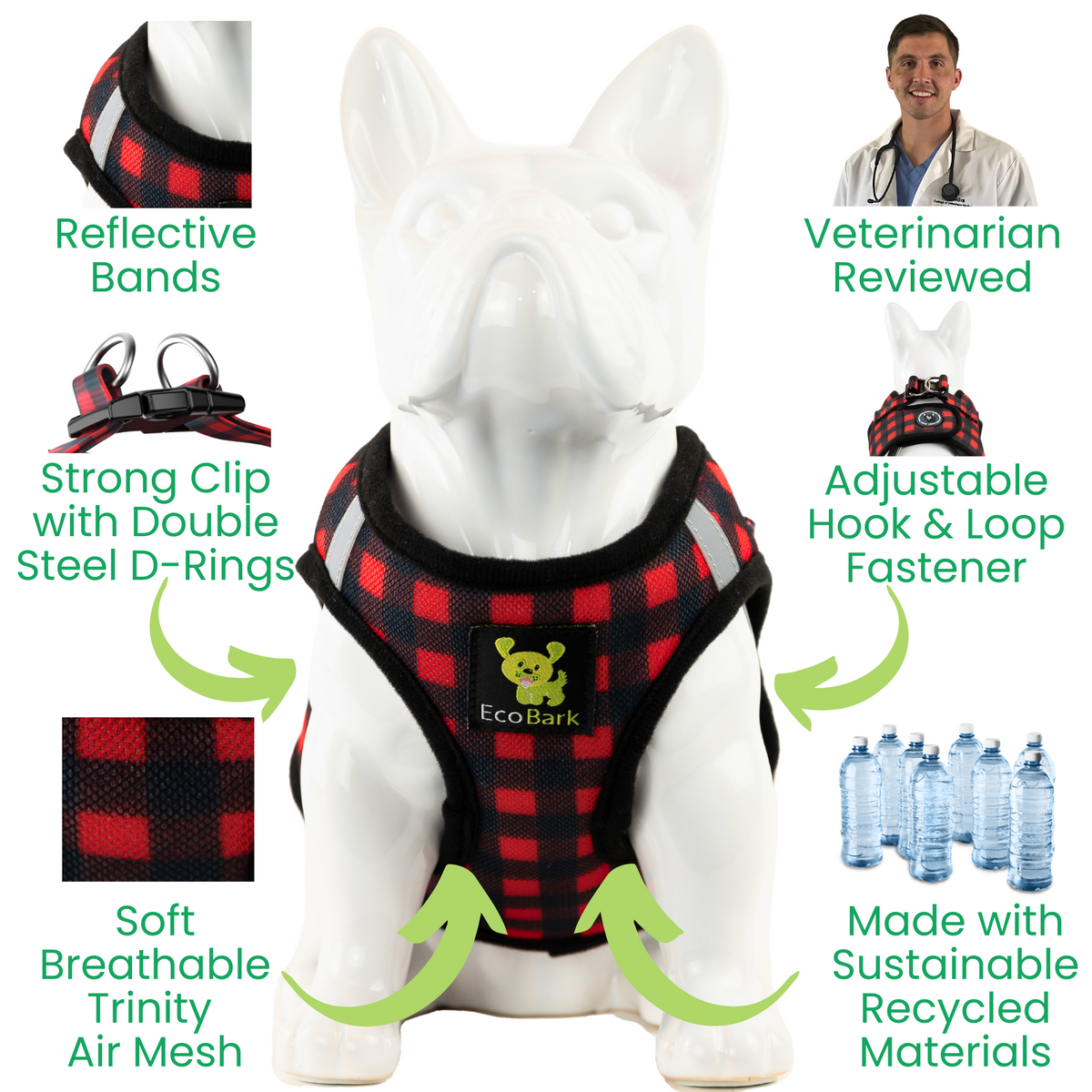 Buffalo Plaid Step-In Dog Harness, Reflective Mesh, Teacup to XL