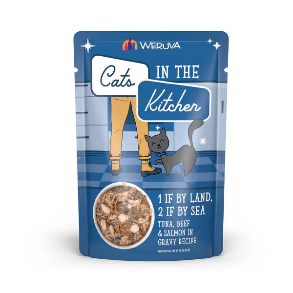 Cats in the Kitchen 1 If By Land 2 If By Sea tuna beef salmon wet cat food pouch, 3oz