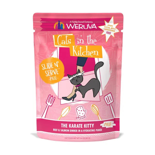 Cats in the Kitchen Karate Kitty beef and salmon paté wet cat food pouch, 3oz