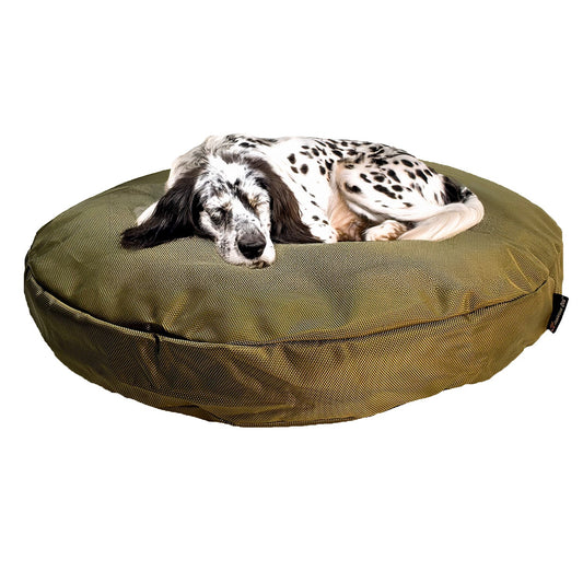Round Armor dog bed by American Dog in camel 1680D nylon ballistic fabric