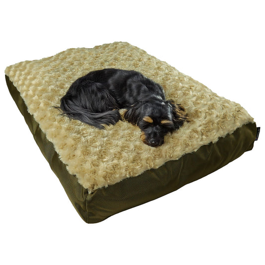 Rectangle Furvana dog bed by American Dog in camel minky rose fleece with a 1680D nylon ballistic bottom