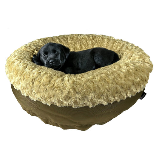 Round Bolstered Furvana dog bed by American Dog in camel minky rose fleece with bolstered walls