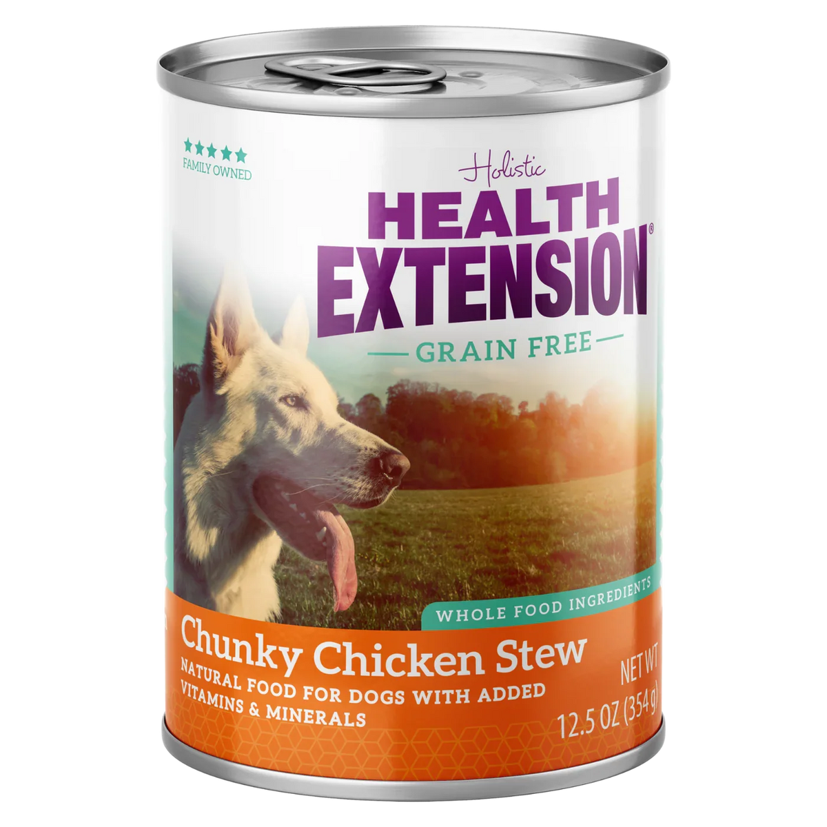 12.5oz can of Health Extension Grain Free Chunky Chicken Stew dog food