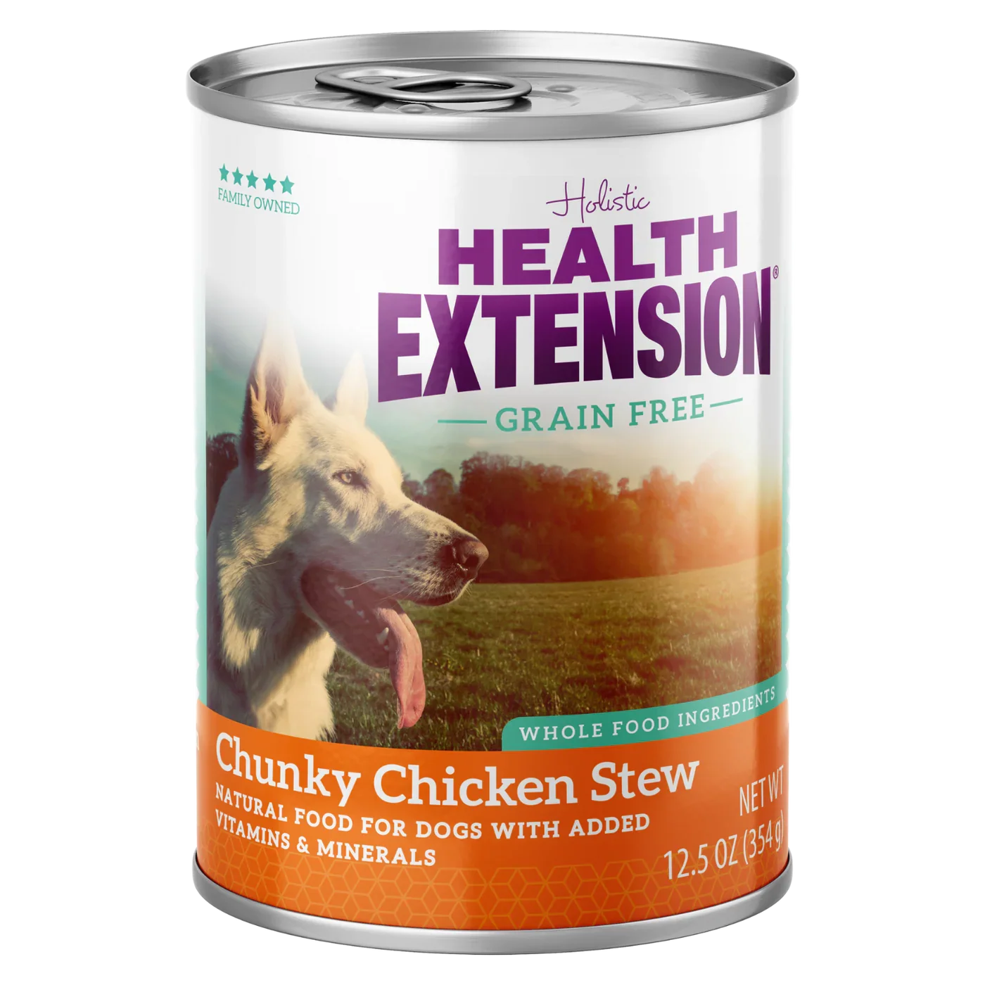 12.5oz can of Health Extension Grain Free Chunky Chicken Stew dog food