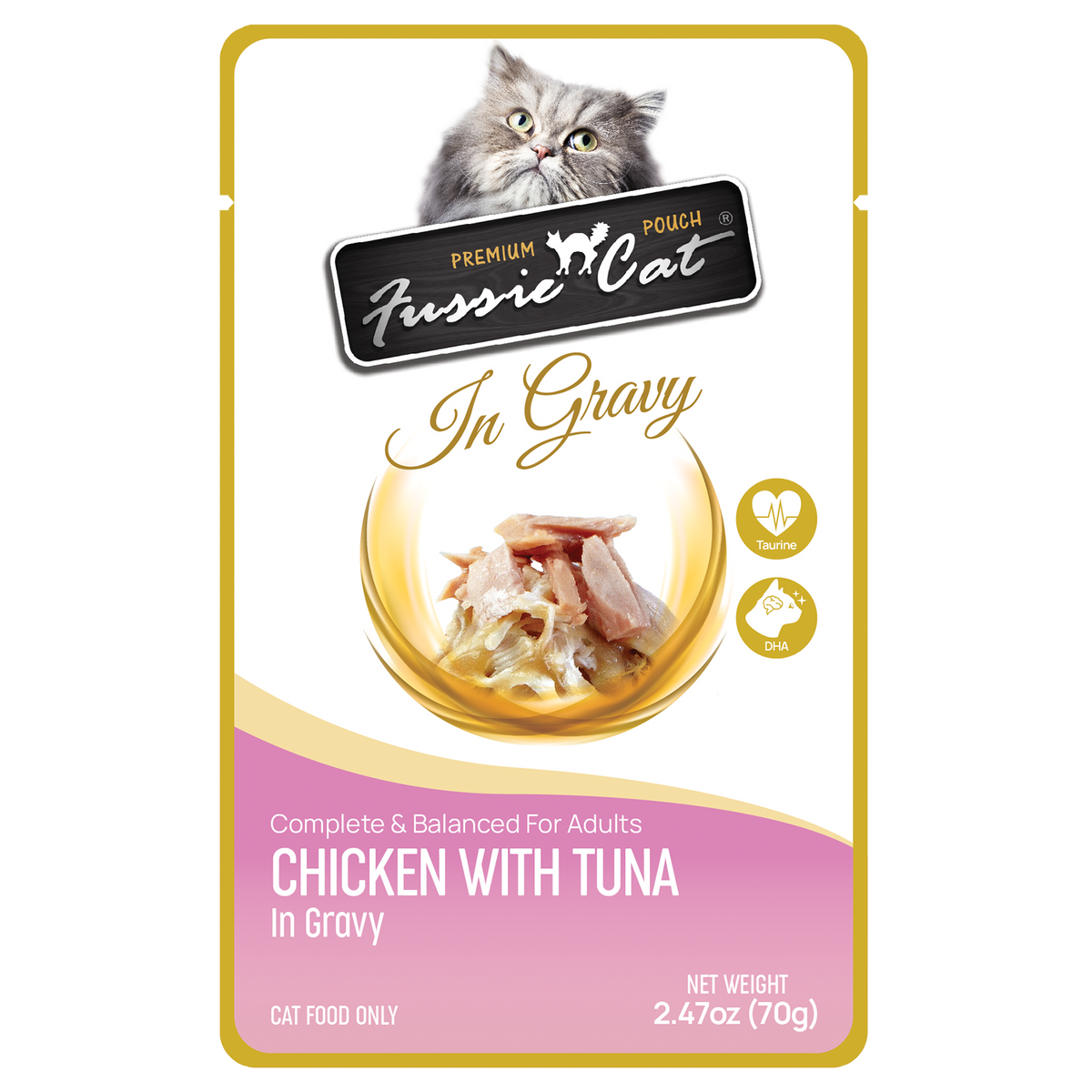 Fussie Cat Pouch Chicken with Tuna in Gravy wet cat food, 2.47oz pouch