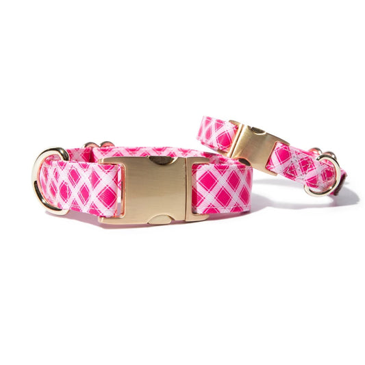 Chrishell Dog Collar in dark pink gingham with gold hardware, Pink Papyrus Co., sold through Sniff and Shift