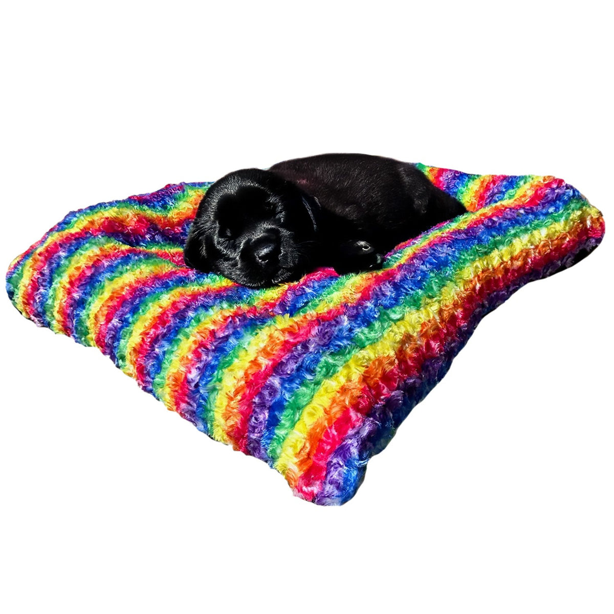 Rainbow Cloud rectangle bolstered dog bed by American Dog in rainbow minky rose fleece