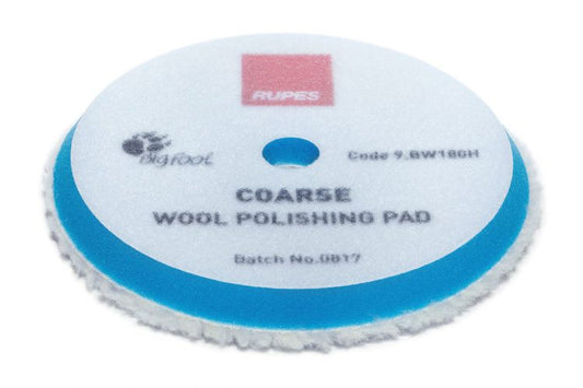 RUPES coarse wool polishing pad with a white wool face on a blue foam backing, shown from the front