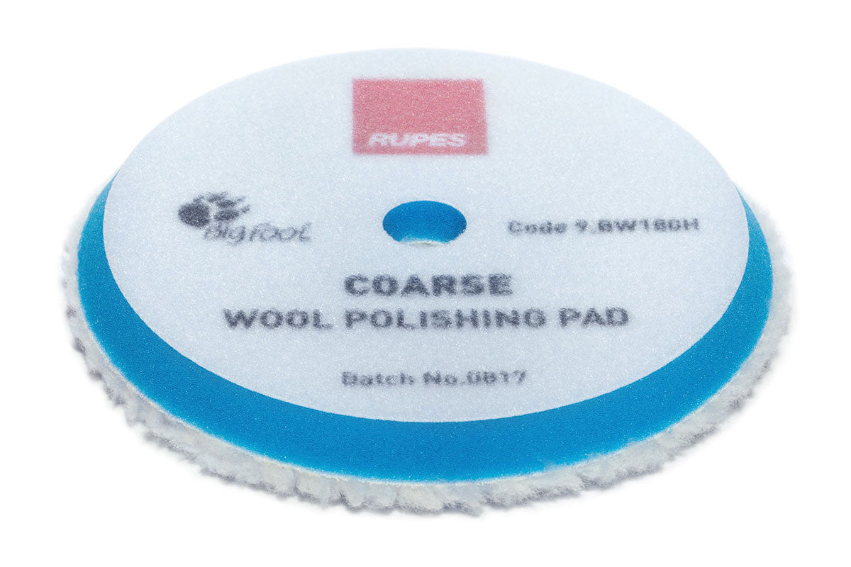 RUPES 9.BW180H coarse wool polishing pad with a white wool face on blue foam backing