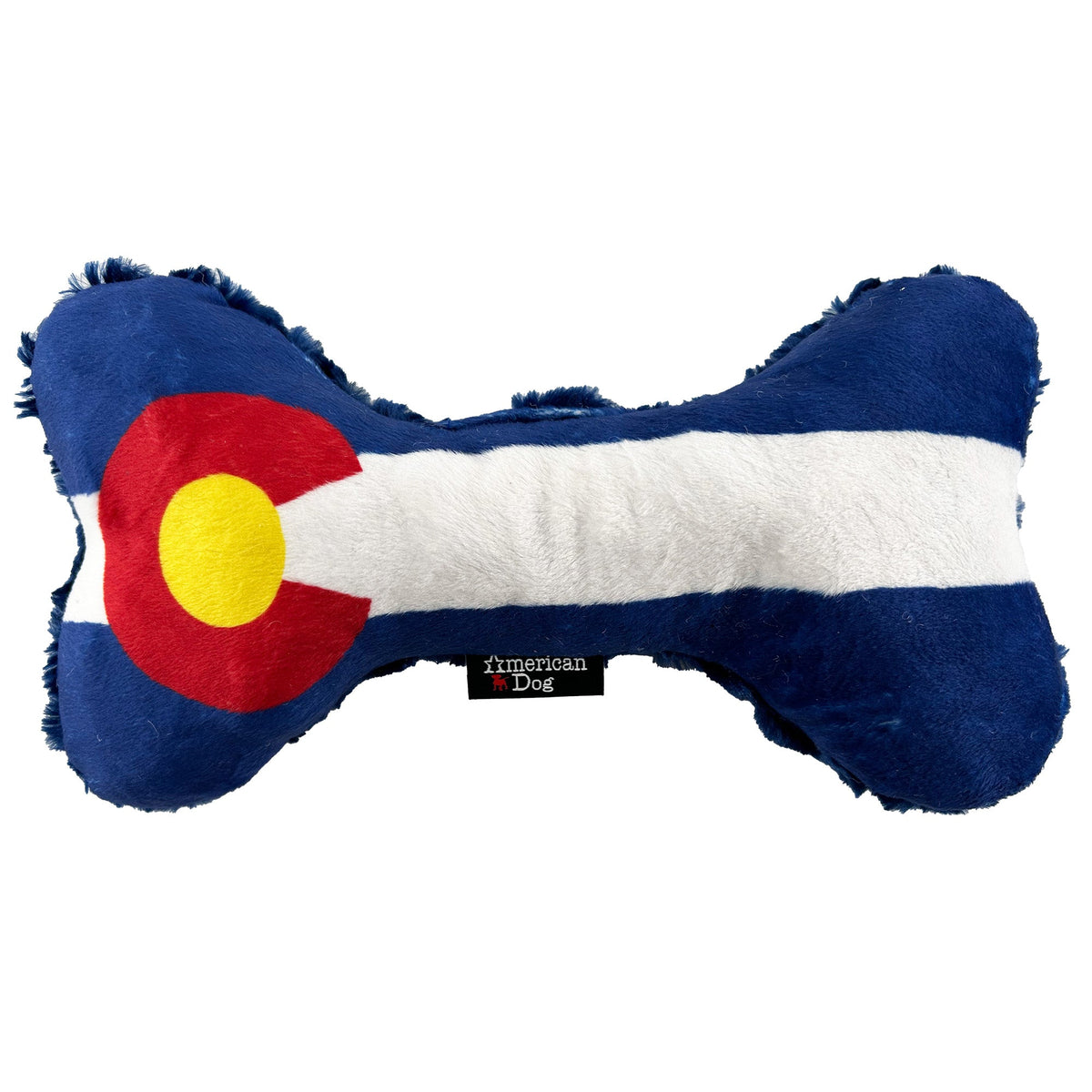 Colorado Flag Bone dog toy by American Dog, minky fleece bone with the red C flag and a blue swirly fleece back