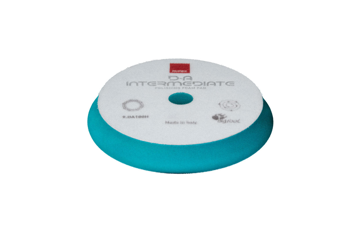 RUPES D-A Intermediate 5 inch teal foam polishing pad shown from the front