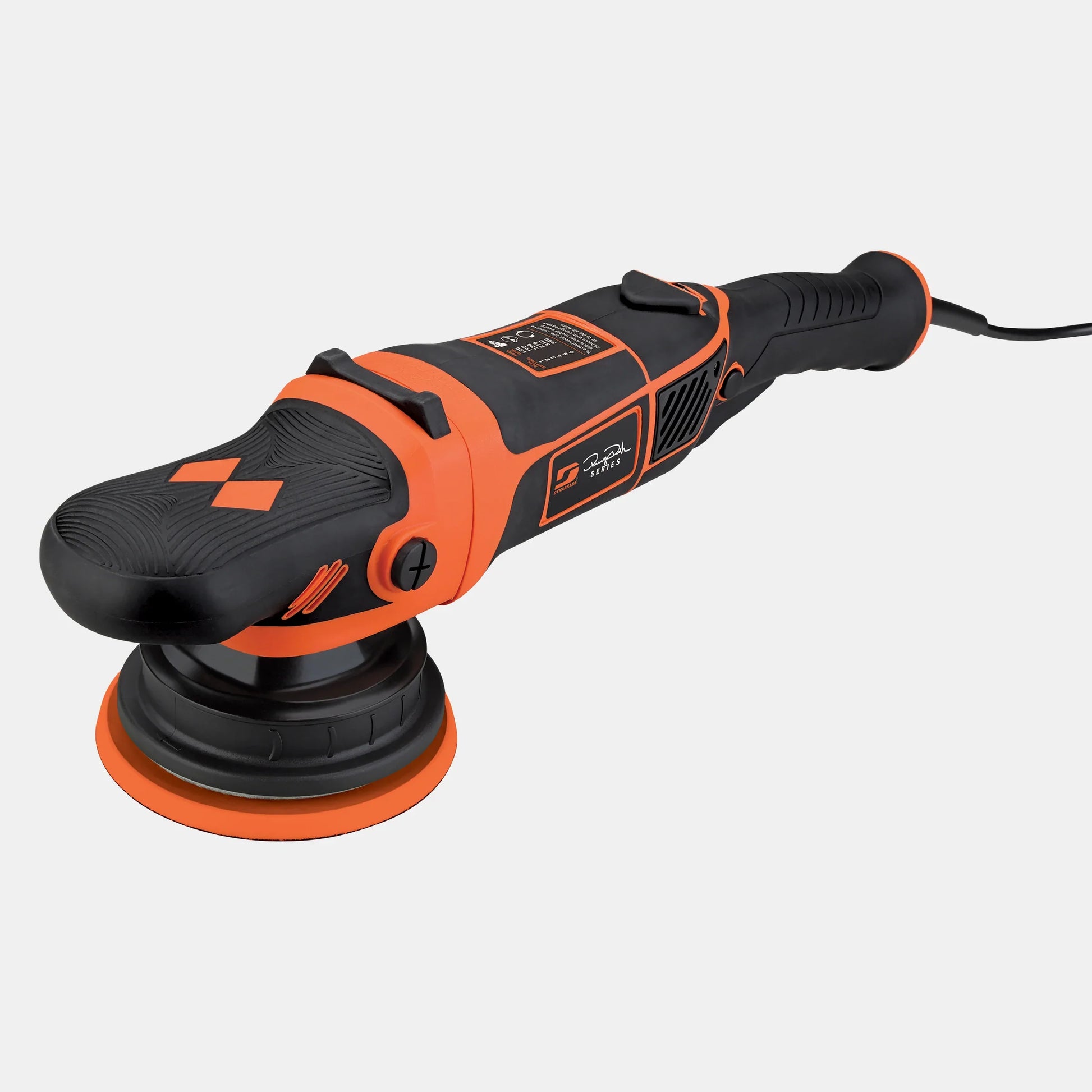 Dynabrade DB8 Renny Doyle Series geared dual action polisher in orange and black with a backing plate fitted