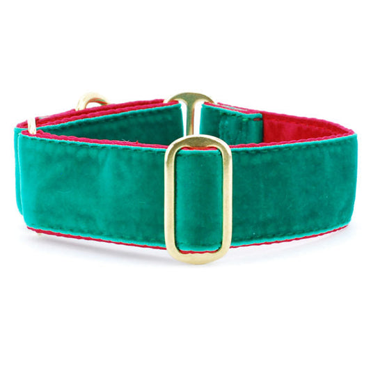 Holiday Velvet Green/Red Dog Collar by 2 Hounds Design, sold through Sniff and Shift