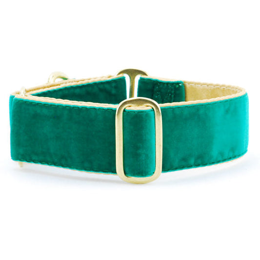 Holiday Velvet Green/Gold Martingale Dog Collar by 2 Hounds Design, sold through Sniff and Shift