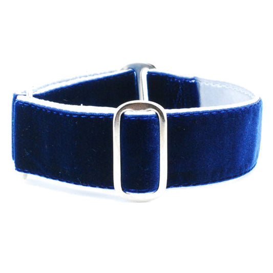 Holiday Velvet Blue/Silver Buckle Martingale Dog Collar by 2 Hounds Design, sold through Sniff and Shift
