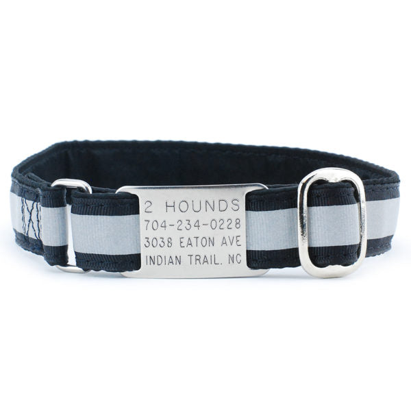 Black Reflective Jingle Free Tag Dog Collar 1″ by 2 Hounds Design, sold through Sniff and Shift