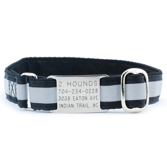 Black Reflective Jingle Free Tag Dog Collar 1″ by 2 Hounds Design, sold through Sniff and Shift