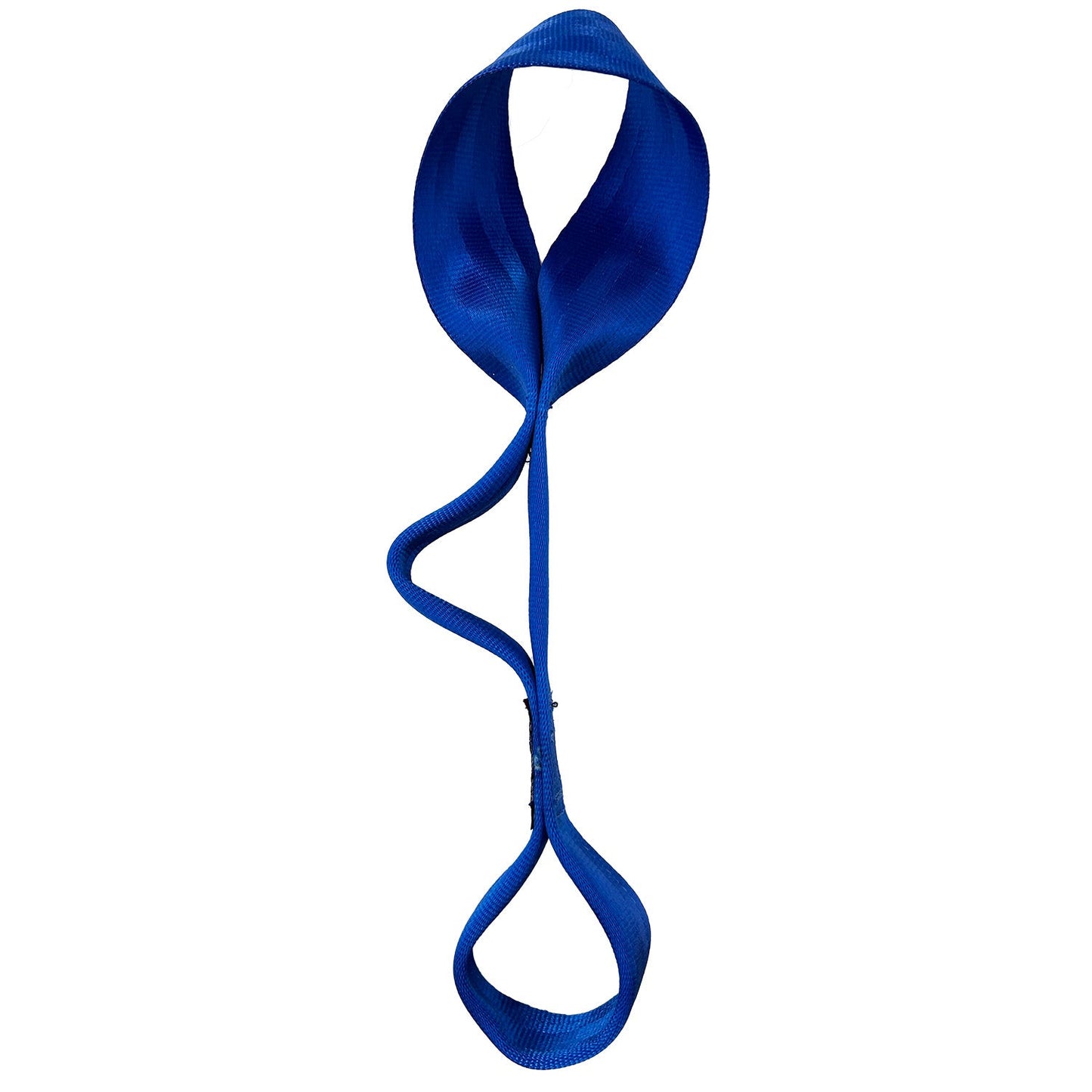 Calla Lily Seat Belt Tug dog toy by American Dog, blue seatbelt webbing with top, middle and bottom loops