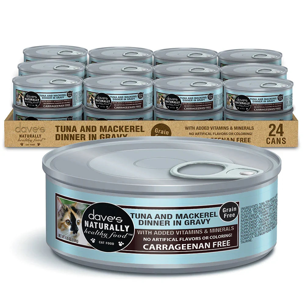 Dave's Naturally Healthy Grain Free Grilled Tuna & Mackerel Dinner in Gravy wet cat food, 5.5oz can