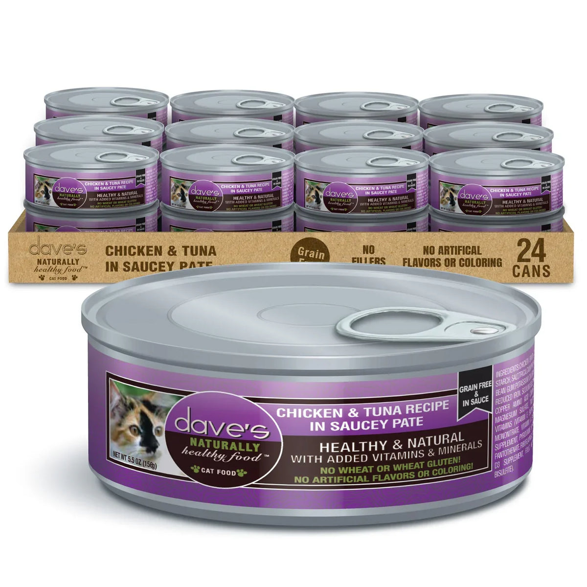 Dave's Naturally Healthy Grain Free Chicken & Tuna Recipe in Saucey Paté wet cat food, 5.5oz can