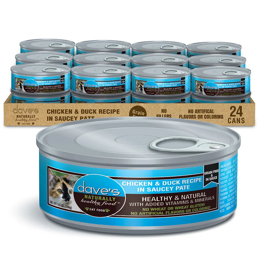 Can of Dave's Chicken and Duck recipe saucey pate cat food, 5.5 ounce