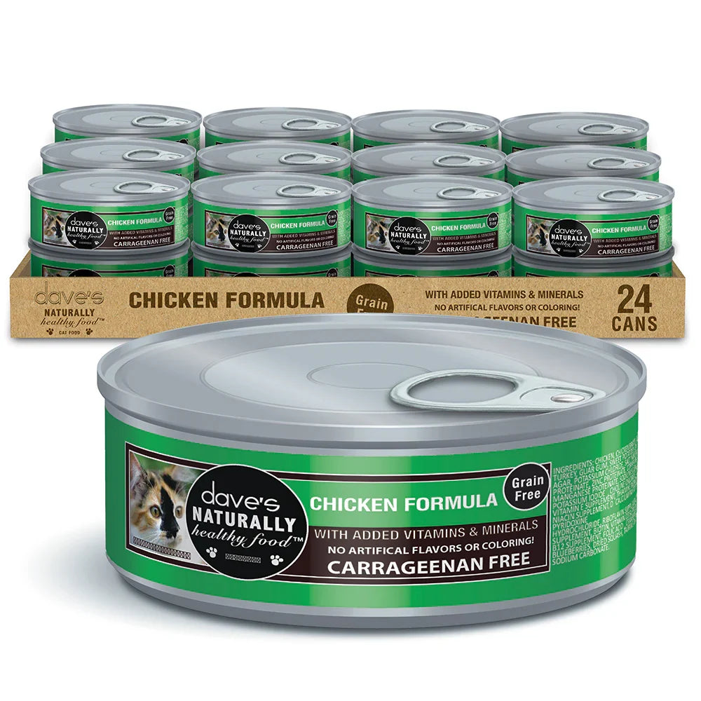 Can of Dave's Naturally Healthy grain free chicken formula cat food, 5.5 ounce