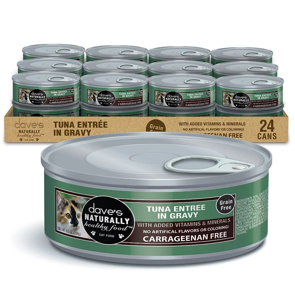 Can of Dave's Naturally Healthy tuna entree in gravy cat food, 5.5 ounce