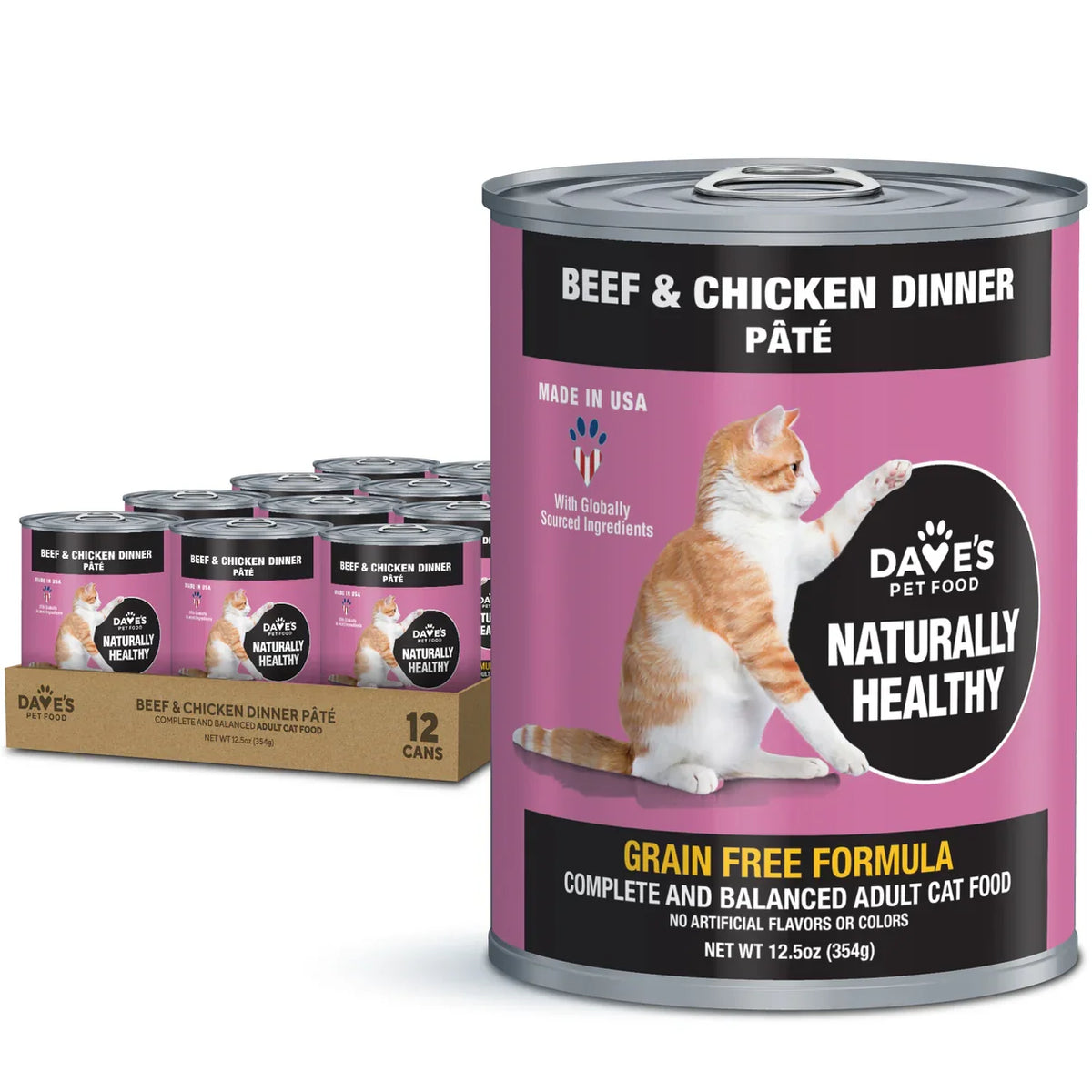 Can of Dave's Naturally Healthy beef and chicken dinner pate cat food, 12.5 ounce