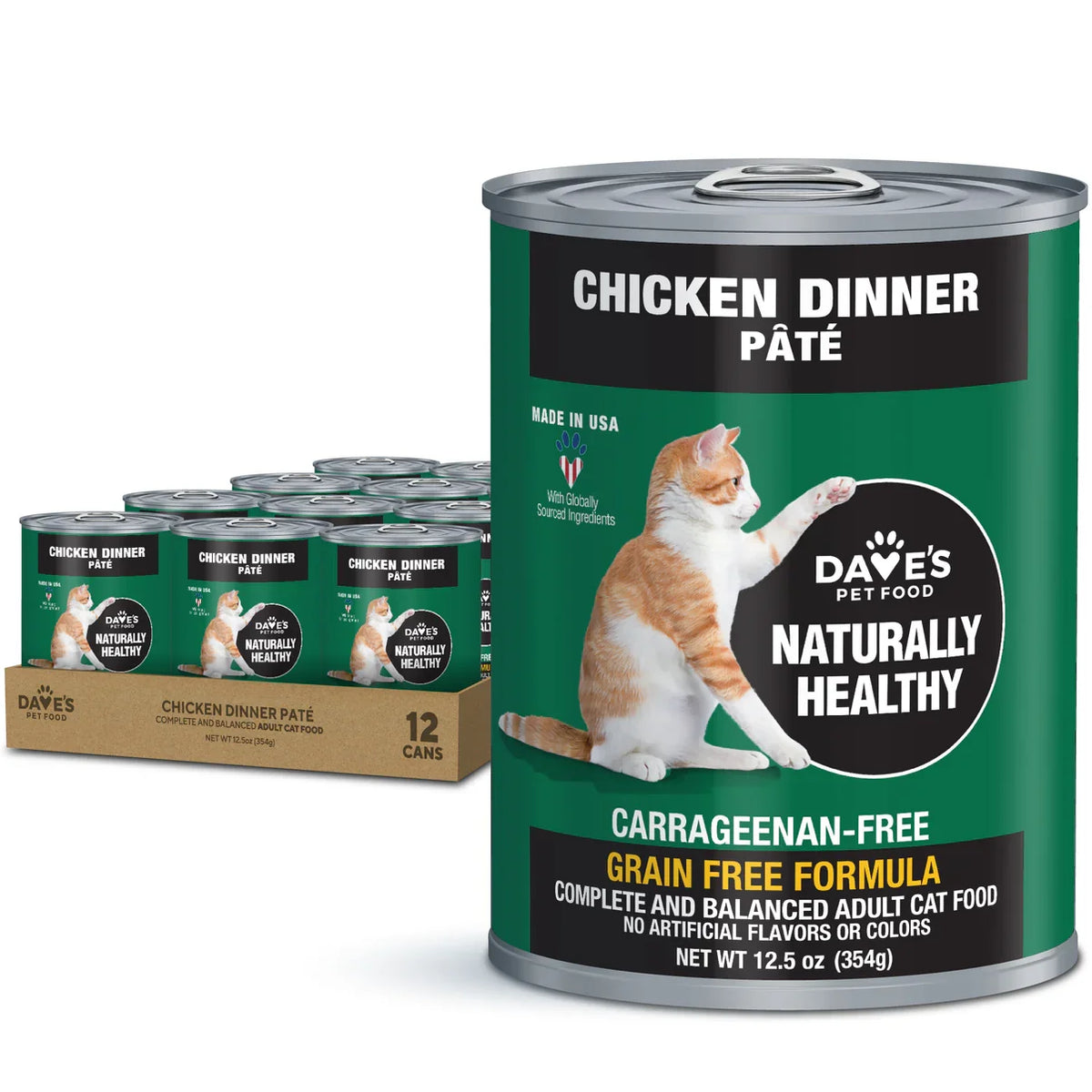 Can of Dave's Naturally Healthy chicken dinner pate cat food, 12.5 ounce