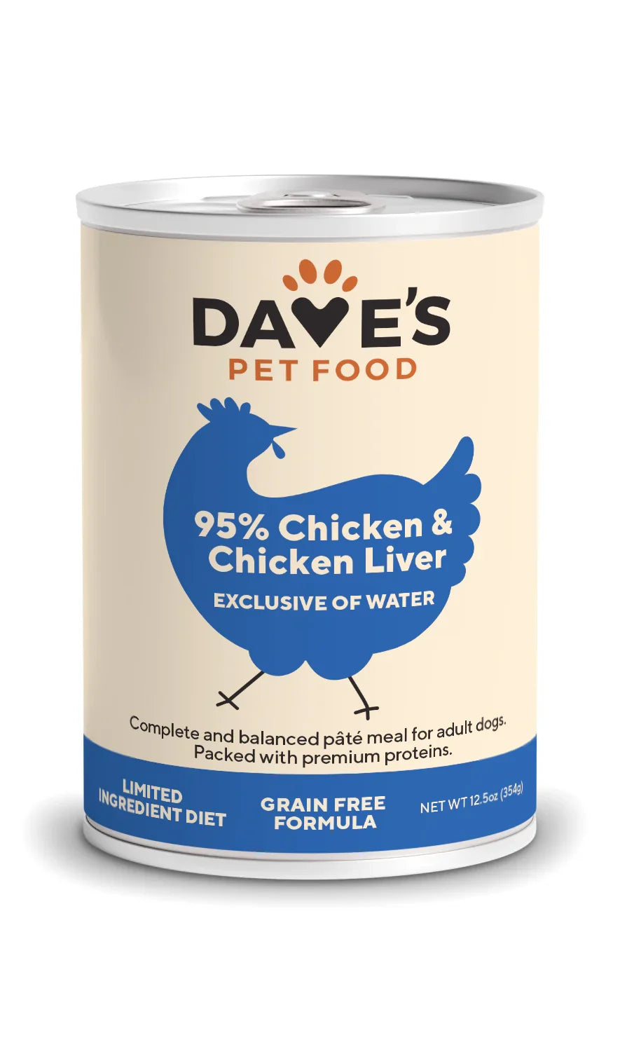 Dave's 95% Premium Meats Chicken & Chicken Liver canned dog food, 12.5 oz can