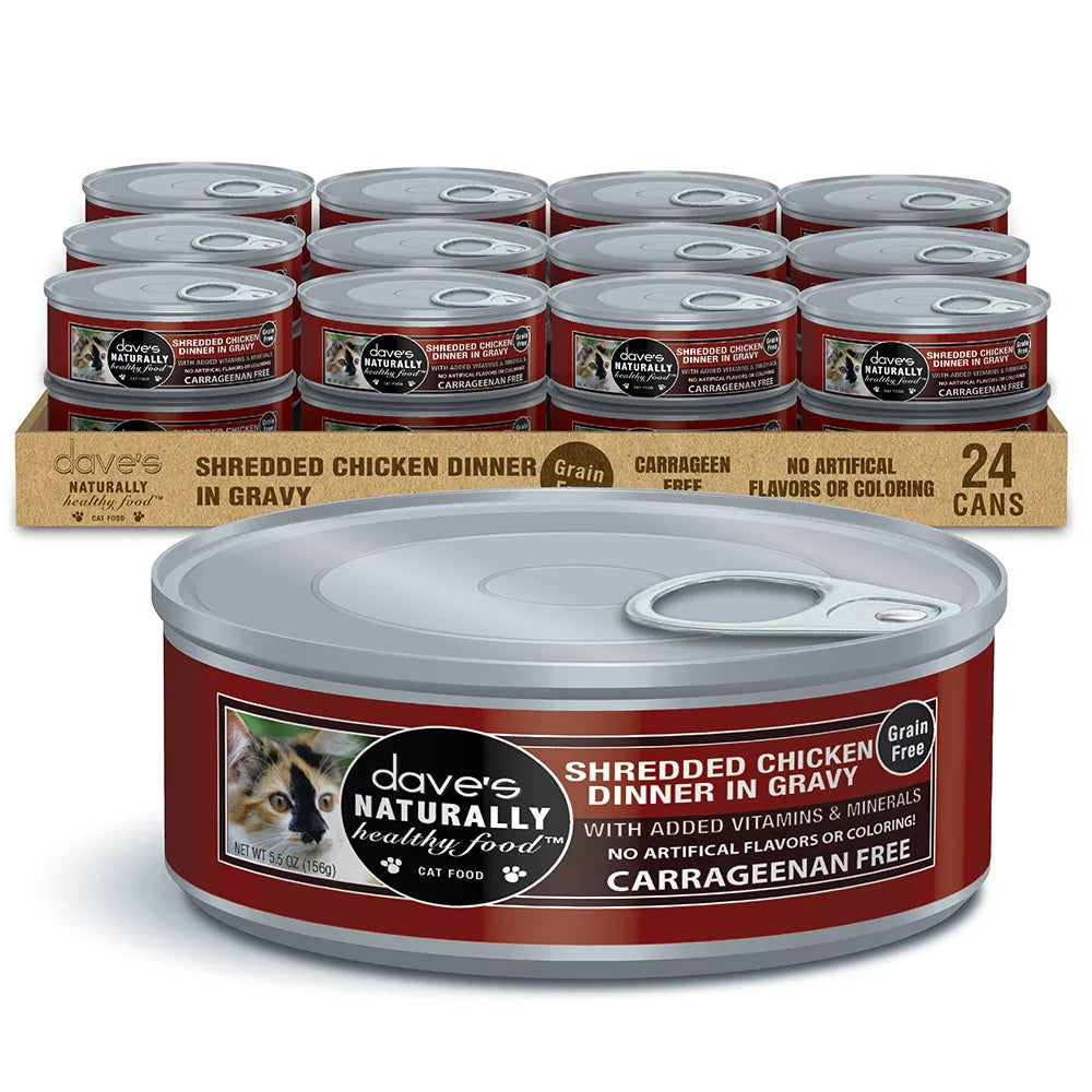 Can of Dave's Naturally Healthy shredded chicken dinner in gravy cat food, 5.5 ounce