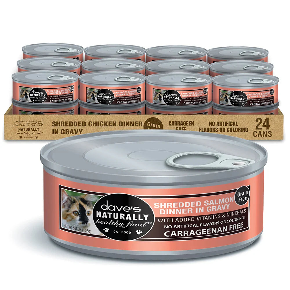 Dave's Naturally Healthy Grain Free Shredded Salmon Dinner in Gravy wet cat food, 5.5oz can